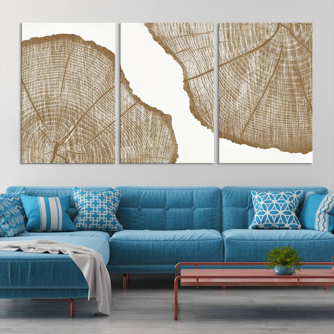 The "Rustic Brown Tree Ring Wall Art Canvas Print" in the living room adds an elegant, nature-inspired touch to the space.