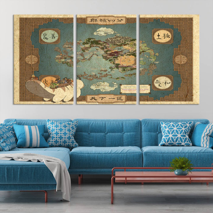 Hanging above is the Avatar: The Last Airbender Vintage Map - Wall Art Canvas Print, framed and ready to hang, showcasing an enchanting glimpse into the iconic four nations design.