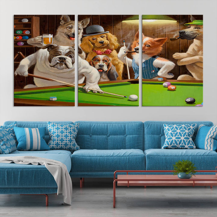 The "Dogs Playing Pool Canvas Wall Art" features a whimsical scene of dogs dressed as humans playing pool in a bar, presented as a three-panel display with a gallery-quality finish.