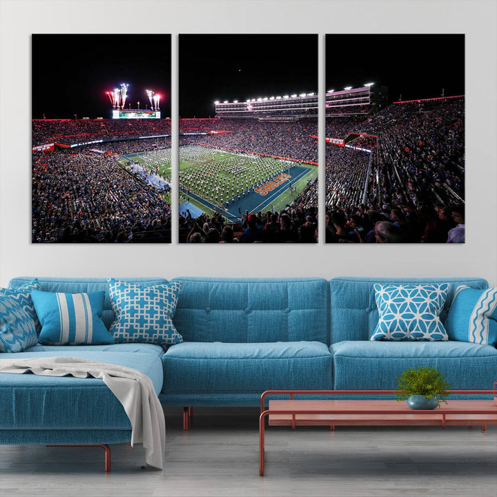 Ben Hill Griffin Stadium Night Game Triple Canvas Wall Art - Florida Gators Football Match