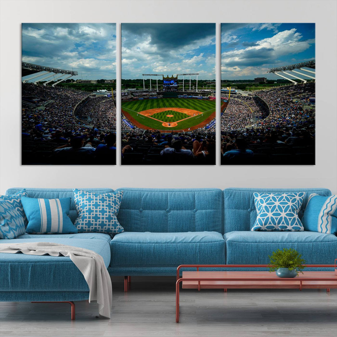 Kauffman Stadium Day Game Triple Canvas Wall Art - Kansas City Royals MLB Match