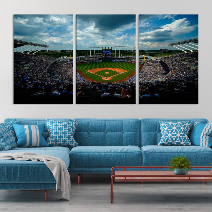 Kauffman Stadium Day Game Triple Canvas Wall Art - Kansas City Royals MLB Match