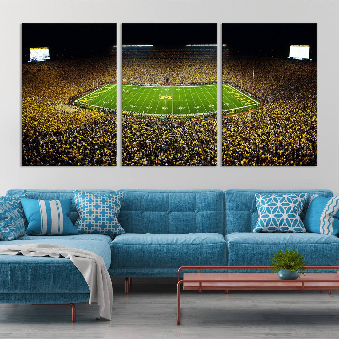 Michigan Wolverines Football Team Print - Michigan Stadium Night Game Triple Canvas Wall Art - University of Michigan Football Match