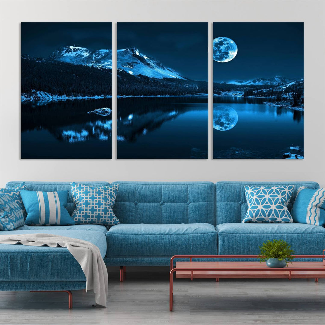 Blue Moon Mountain Lake Landscape Framed Wall Art Canvas Print