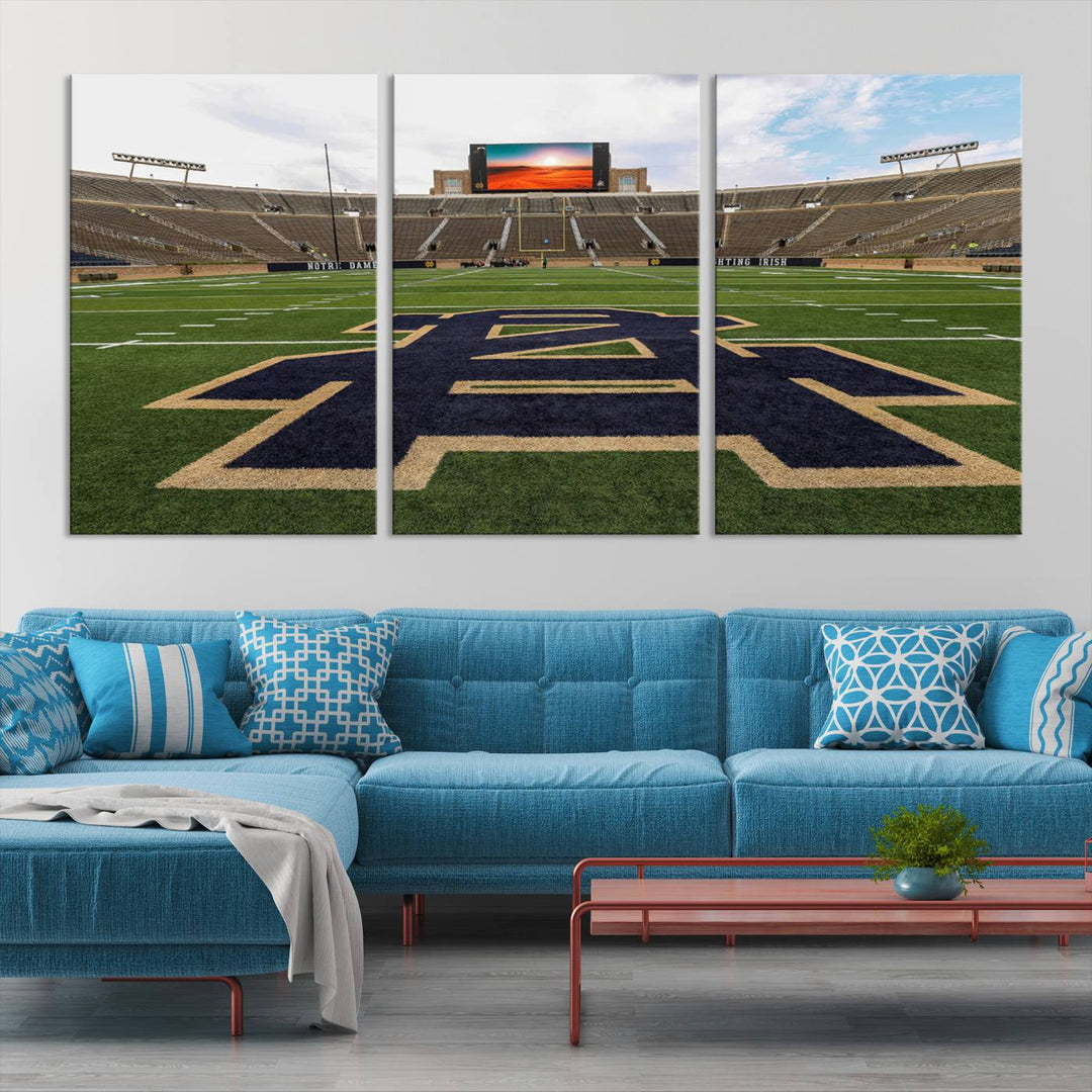 Notre Dame Stadium Giclee Canvas Print | Triptych Wall Art Featuring Iconic Notre Dame Football Field | Ready-to-Hang Sports Stadium Decor