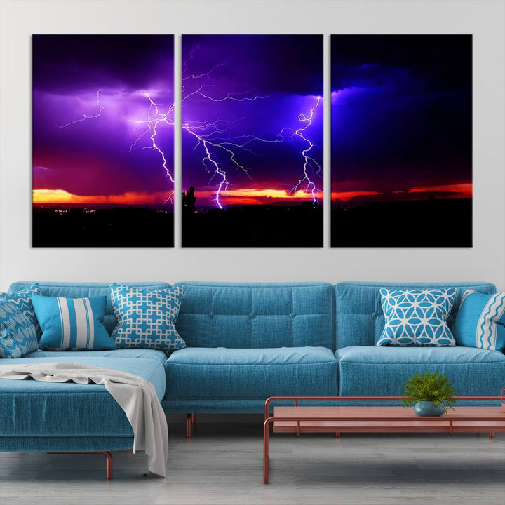 Electrifying Sunset Thunderstorm Canvas Print – Dramatic Lightning and Vibrant Sunset Wall Art