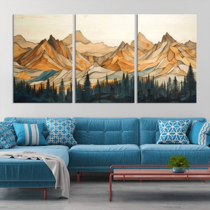 Rustic Wood Style Mountain Wall Art Print | Triptych Giclee Print Featuring Handcrafted Forest and Mountain Range Design | Framed Ready-to-Hang Print