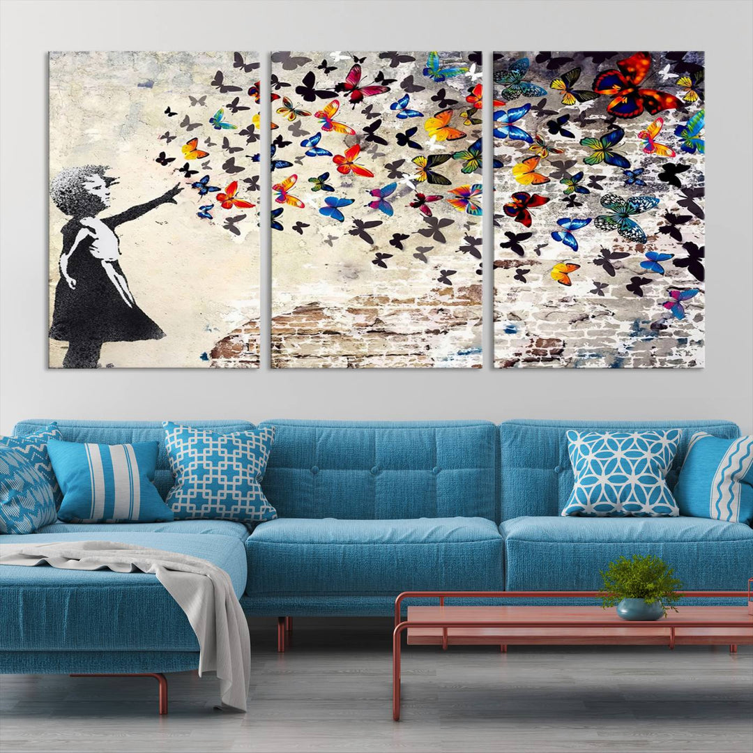 Banksy Style Girl with Butterflies Wall Art - Beautiful Framed Ready-to-Hang Triptych Canvas - Vibrant Butterfly Street Art for Modern Decor