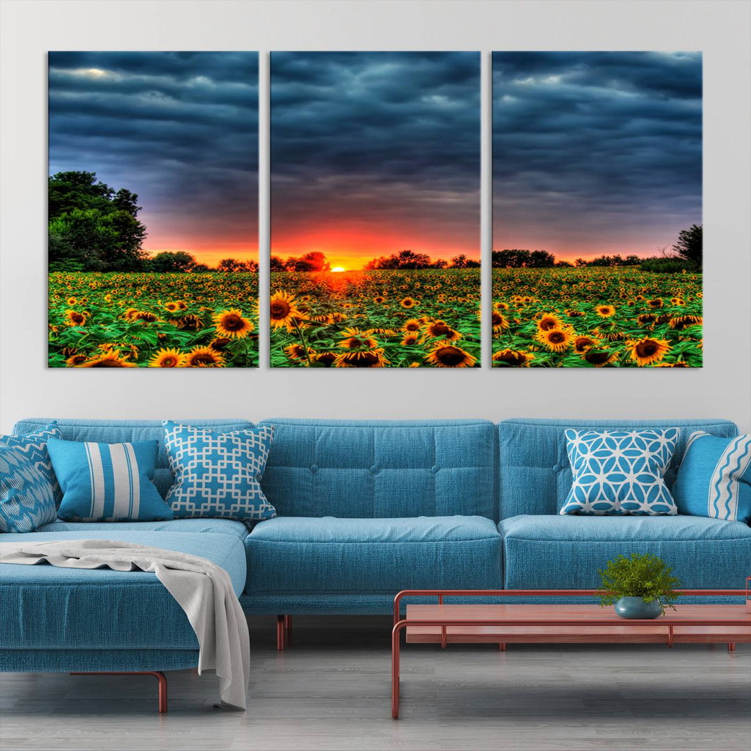 Golden Sunflower Field at Sunset – Breathtaking Sky and Vibrant Flowers, Ready to Hang Wall Art Canvas Print