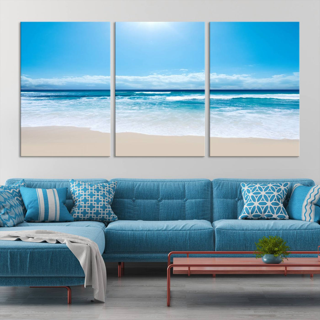 Lienzo decorativo para pared grande con estampado de mar y playa azul brillante