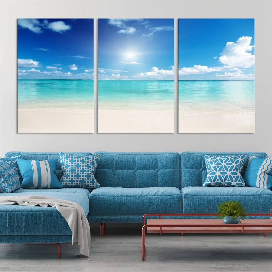 A contemporary living room showcasing the Wall Art Canvas Light Blue Beach and Ocean View.