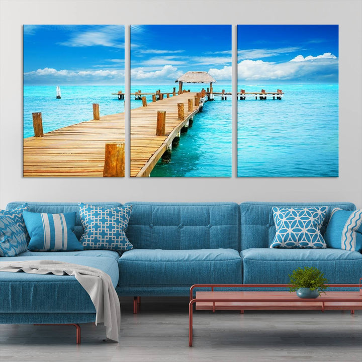 Tropical Pier Triptych Wall Art, Stunning Turquoise Ocean and Wooden Dock Canvas Print, Coastal Beach House Decor, Ocean View Canvas Art