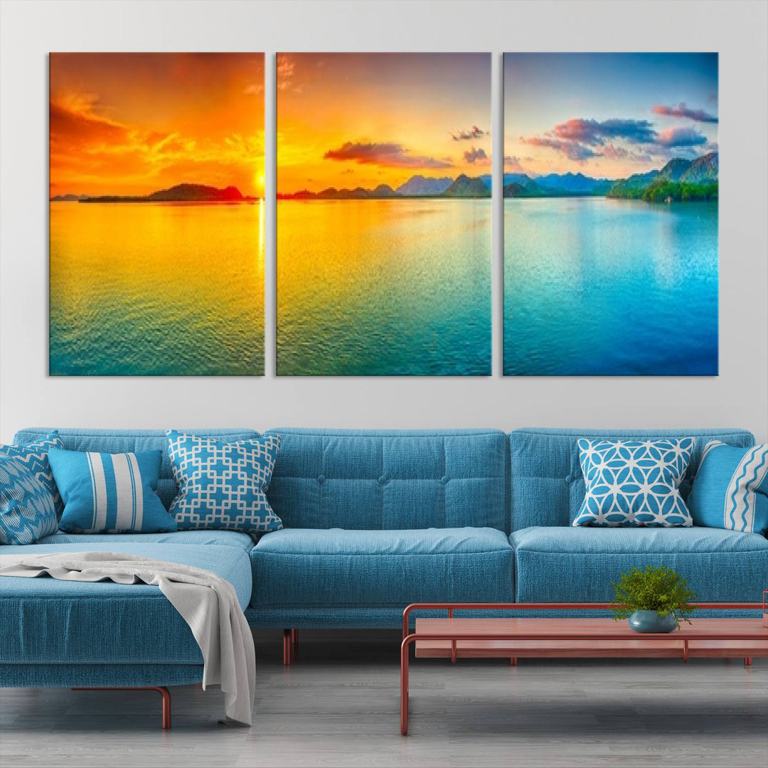 Impresión en lienzo de arte de pared grande, puesta de sol colorida, mar y montaña para decoración de sala de estar