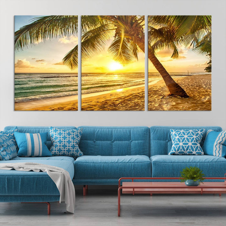 Wall Art Canvas Print Palm on Beach at Bright Sunset