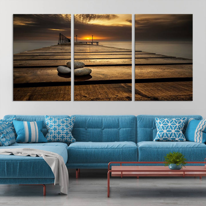 Stones on Wooden Pier at Sunset Wall Art Canvas