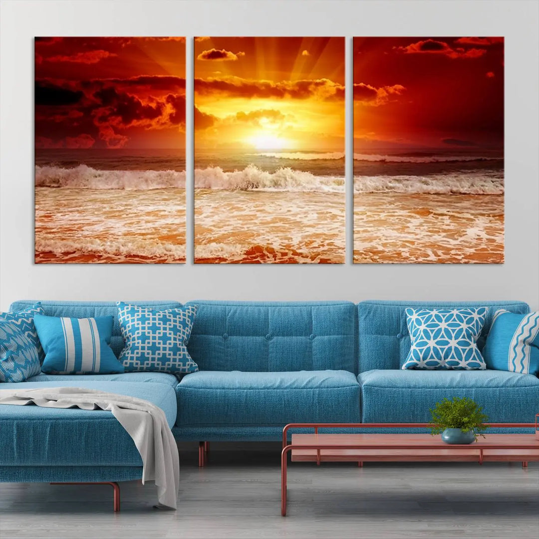 In a modern living room, the vibrant "Wall Art Canvas Perfect Sunset Turns Colour of Sea and Sky to Red," printed on museum-quality canvas, stands out. A floor lamp casts warm light over the ready-to-hang artwork, which includes a UV-protective coating to ensure lasting brilliance.