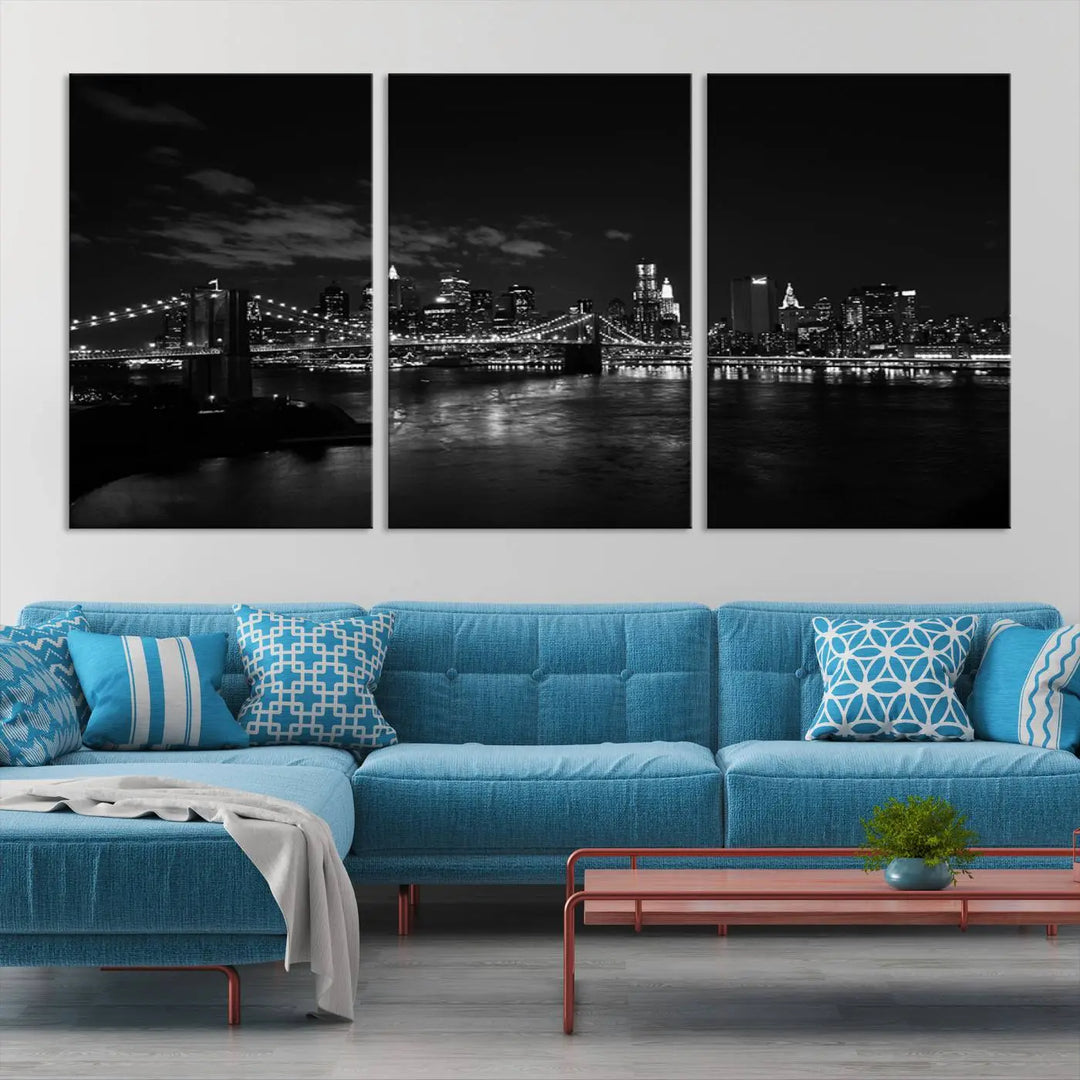 The "NEW YORK Canvas Prints Black and White Brooklyn Bridge Print" is a stunning triptych showcasing the iconic city skyline and bridge. Printed on museum-quality canvas with a UV-protective coating, it is ready to hang and instantly elevates your decor.