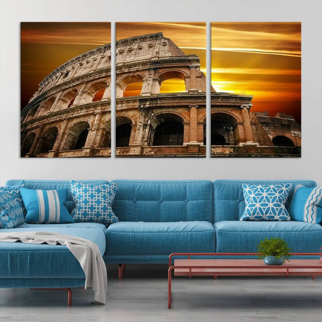 A three-panel canvas titled "Colosseum with Yellow Sunset Behind, Italy," protected with a UV-coating, is elegantly displayed.