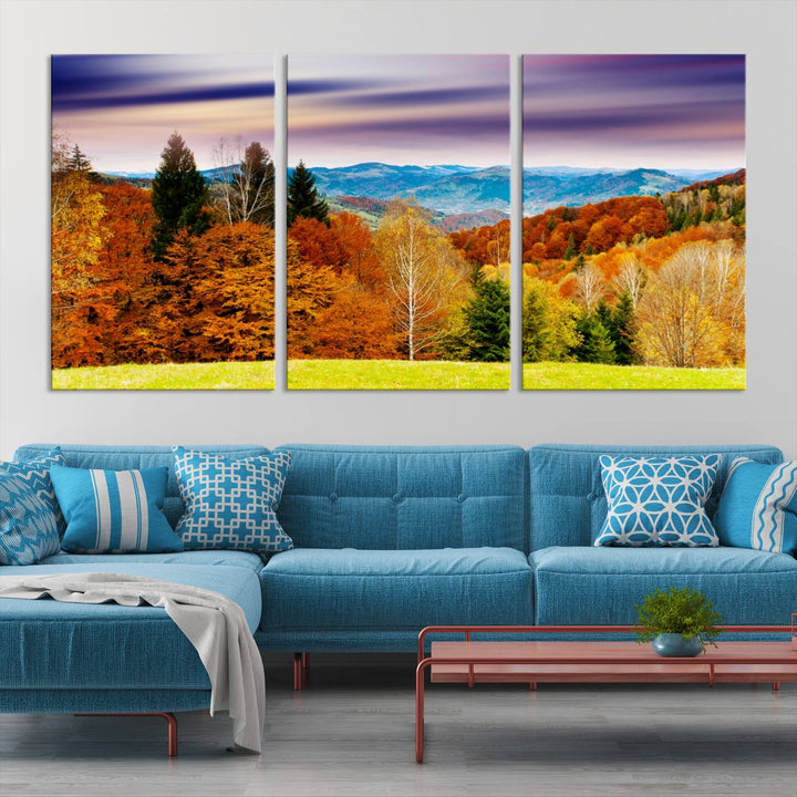 Autumn Colorful Forest Blue Mountains and Purple Sky at Sunset Wall Art Canvas Print