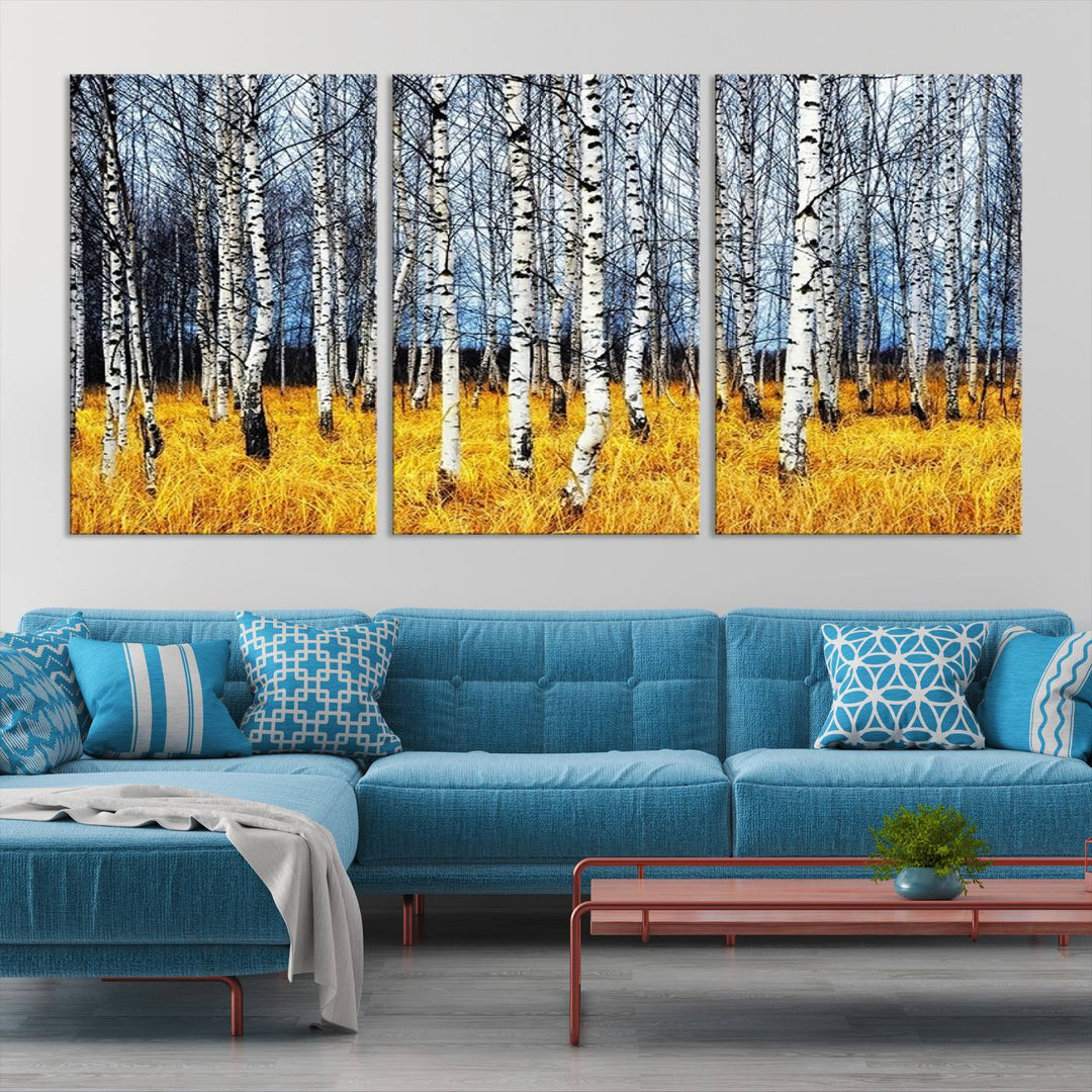 Impression d’art mural de bouleaux, art mural paysage, impression sur toile, arbres sans feuilles sur fond jaune