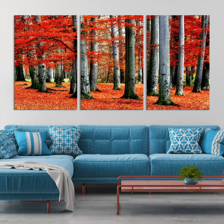 Impression sur toile de paysage d'art mural, feuilles rouges sur des arbres sur fond rouge