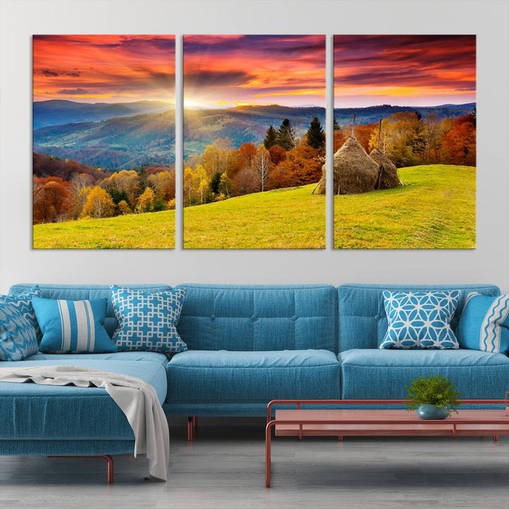 Impression sur toile de paysage d'art mural, tous les tons de vert au coucher du soleil