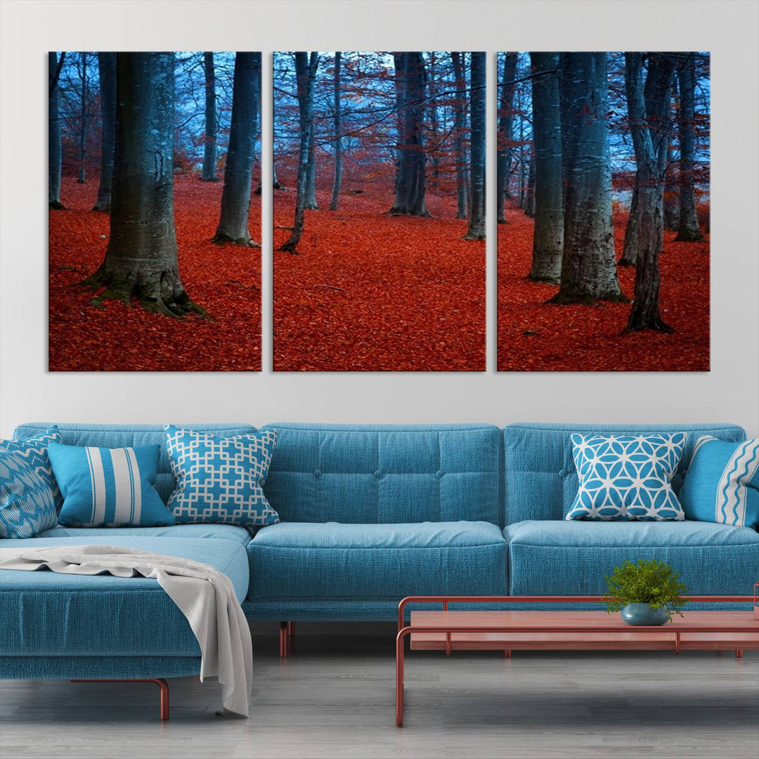 Impresión de lienzo de paisaje de arte de pared extra grande - Hojas rojas en bosque azul