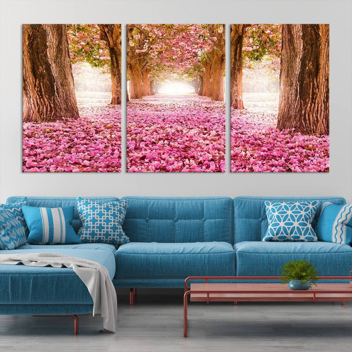 Blossom Cherry Canvas Print Walking on Pink Flowers Between Trees