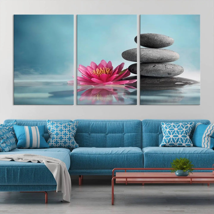 The Zen Serenity Triptych Canvas Art, featuring a lotus flower and balancing stones, perfectly captures tranquility with its serene water lily print.