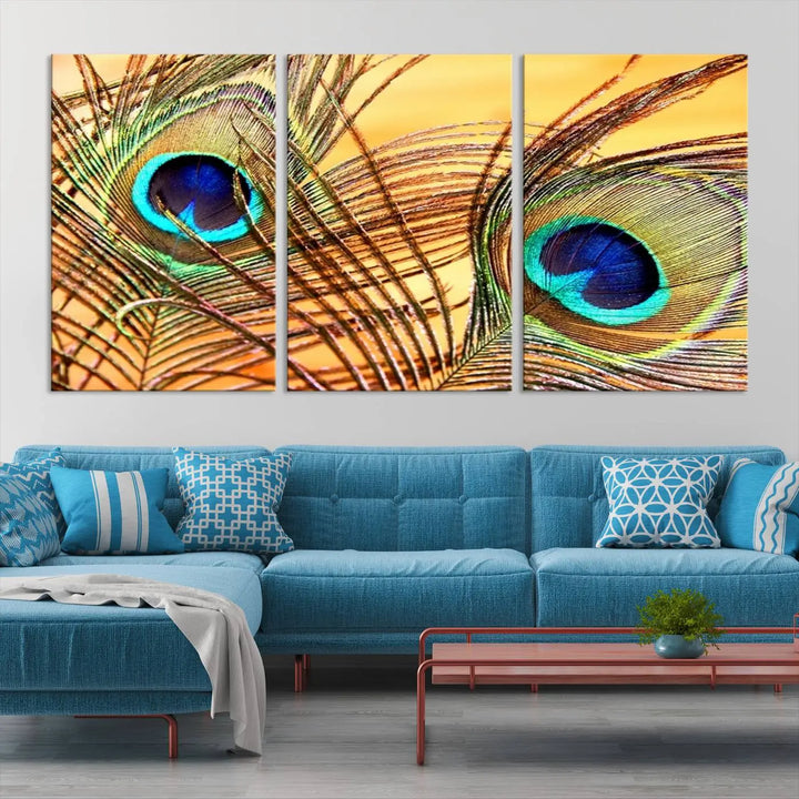 The Peacock Feather Wall Art Print, showcasing a vibrant green, blue, and orange feather design and ready to hang, adorns the space.