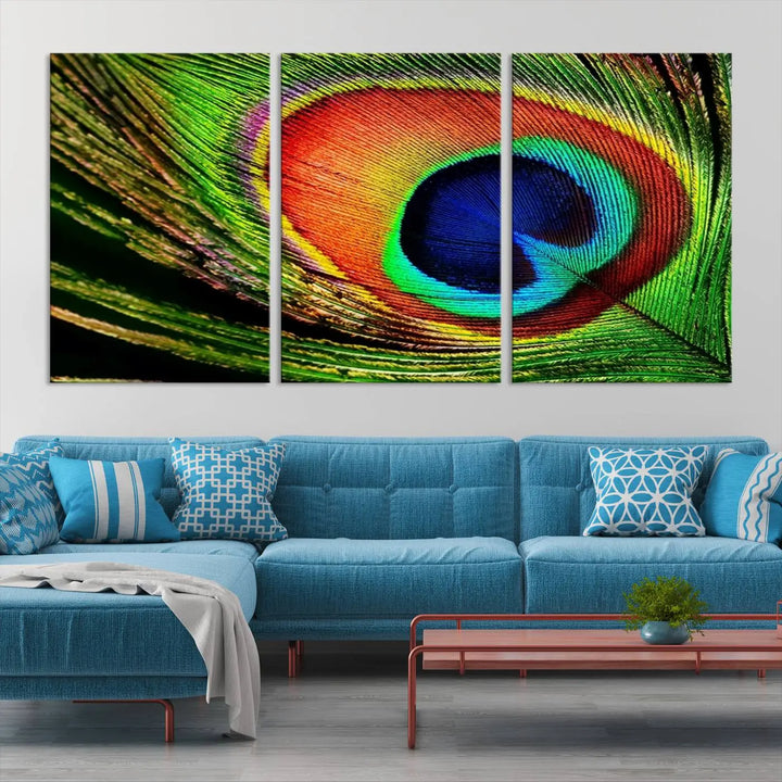 The living room features the "Colorful Peacock Feather Wall Art Print," showcasing a vibrant green, blue, and orange design elegantly displayed above a modern sofa.