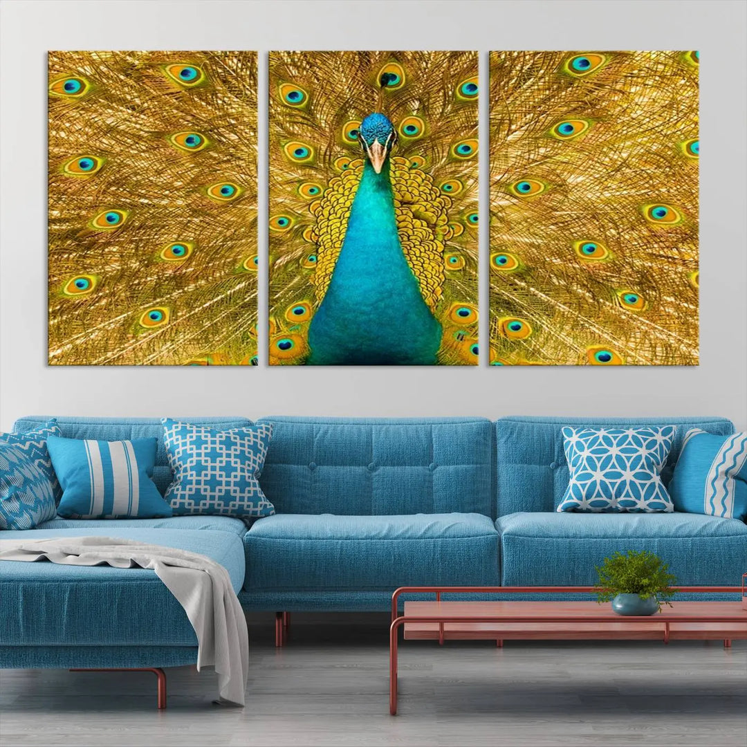 The Peacock Wall Art Canvas Print, featuring a vibrant triptych design of a peacock with intricate feather details and printed on museum-quality canvas with UV-protective coating, brings an artistic flair to the elegant space. Ready to hang, it enhances the modern living room with its striking presence.