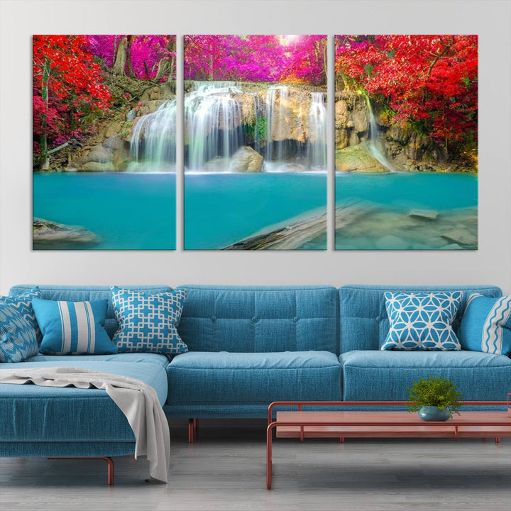 Wall Art Waterfall Landscape with Pink and Red Flowers in Forest Canvas Print