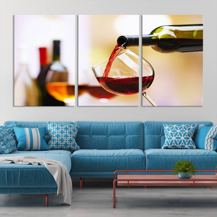 The Filling Red Wine into Glass Red Wine Canvas Print showcases a wine bottle pouring red wine into a glass. This scene, captured on museum-quality canvas, promises timeless elegance and comes with free shipping for effortless delivery to your doorstep.