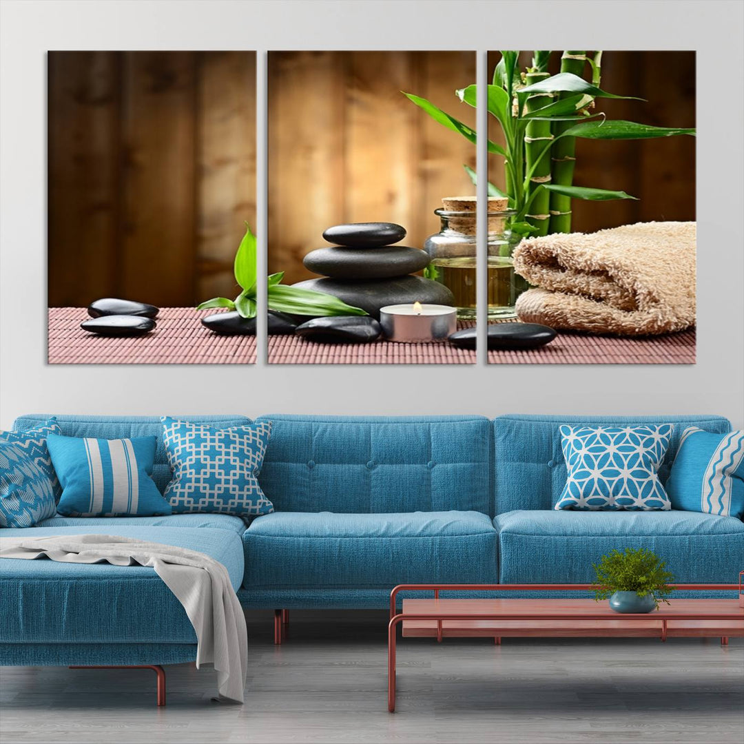 Zen Serenity Triptych Canvas Art, Pink Lotus Flower and Balancing Stones Wall Art, Tranquil Water Lily Canvas Print