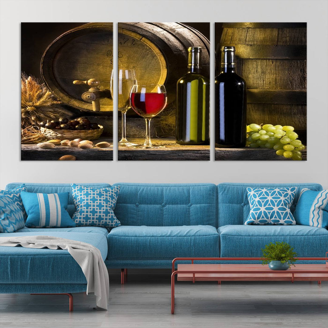 Explore the "Wall Art Red and White Wine with Bottles and Tun Canvas Print," a triptych on gallery-wrapped, museum-quality canvas. Featuring a wine barrel, bottles, and a glass of red wine, it includes a UV-protective coating for lasting vibrancy.