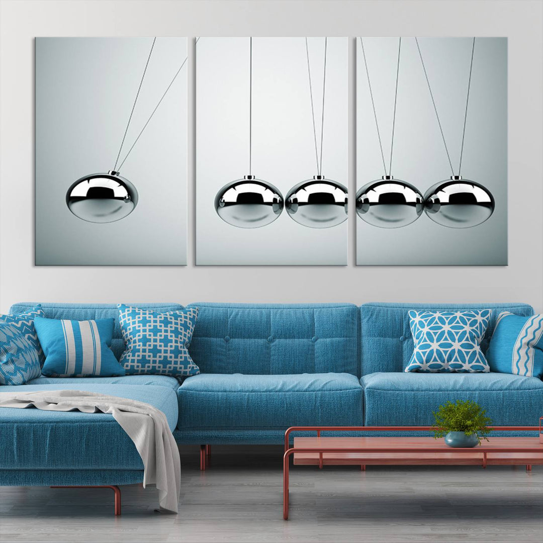 Newton's Cradle Motion Art, Modern Minimalist Metal Sphere Wall Art, Physics-Inspired Kinetic Energy Canvas Print for Office and Home Decor