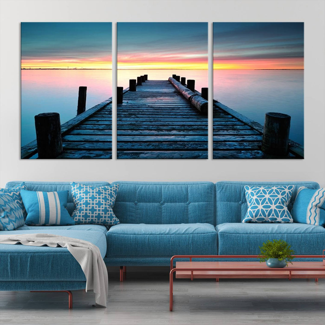 Wall Art Vintage Wooden Pier on Sea at Sunset Canvas Print