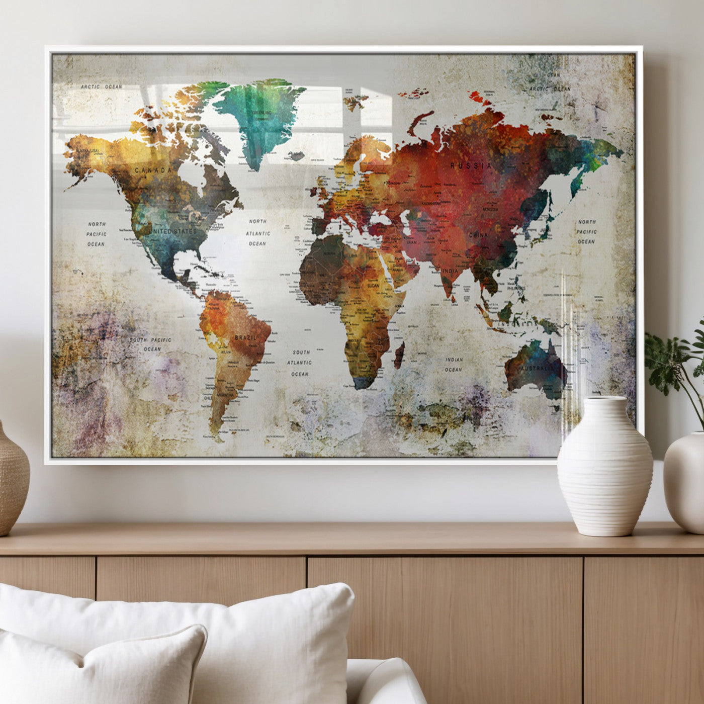 92207-MGV-FP-60X30-3P_White-Push Pin World Map Canvas Print – Framed Wall Art for Couples to Track Their Travels – Anniversary