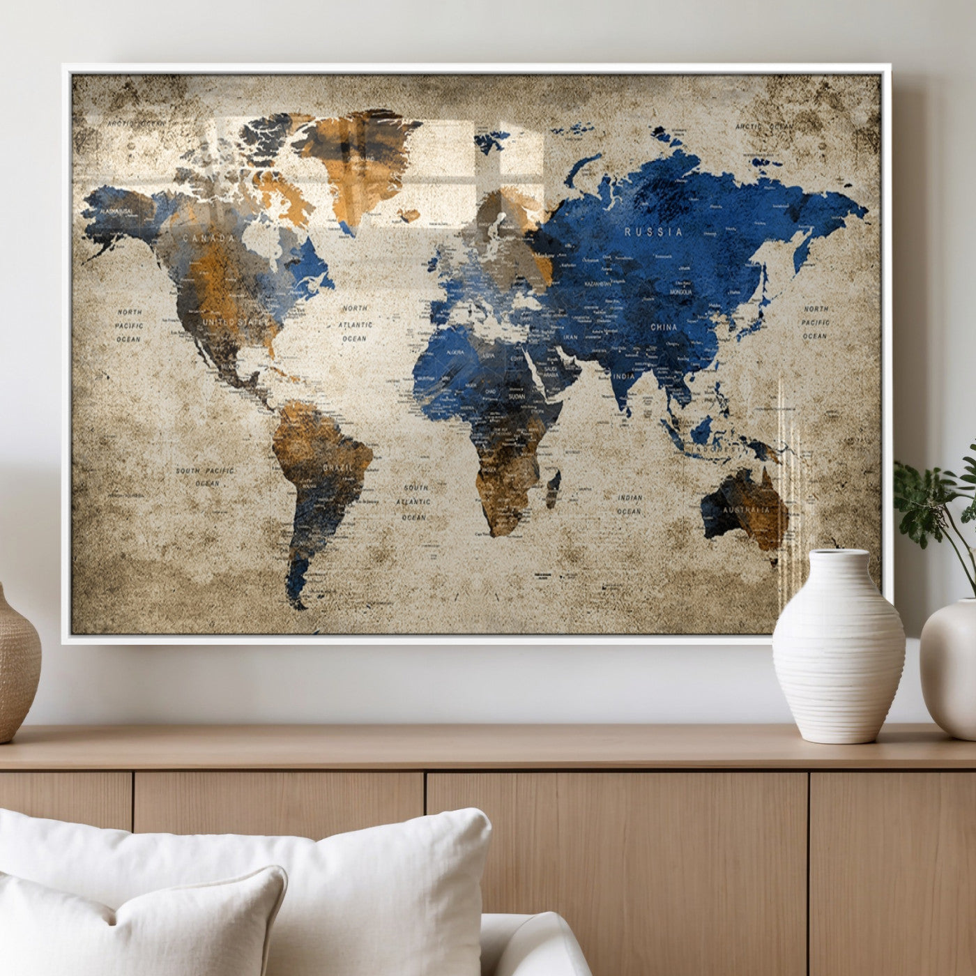 MGV-FP-60X30-3P - Push Pin World Map Canvas Print – Framed Wall Art for Couples to Track Their Travels – Anniversary