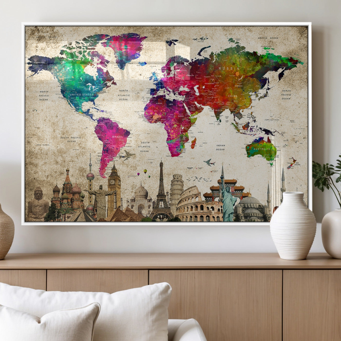 MGV-FP-36X24-3P - Push Pin World Map Canvas Print – Framed Wall Art for Couples to Track Their Travels – Anniversary