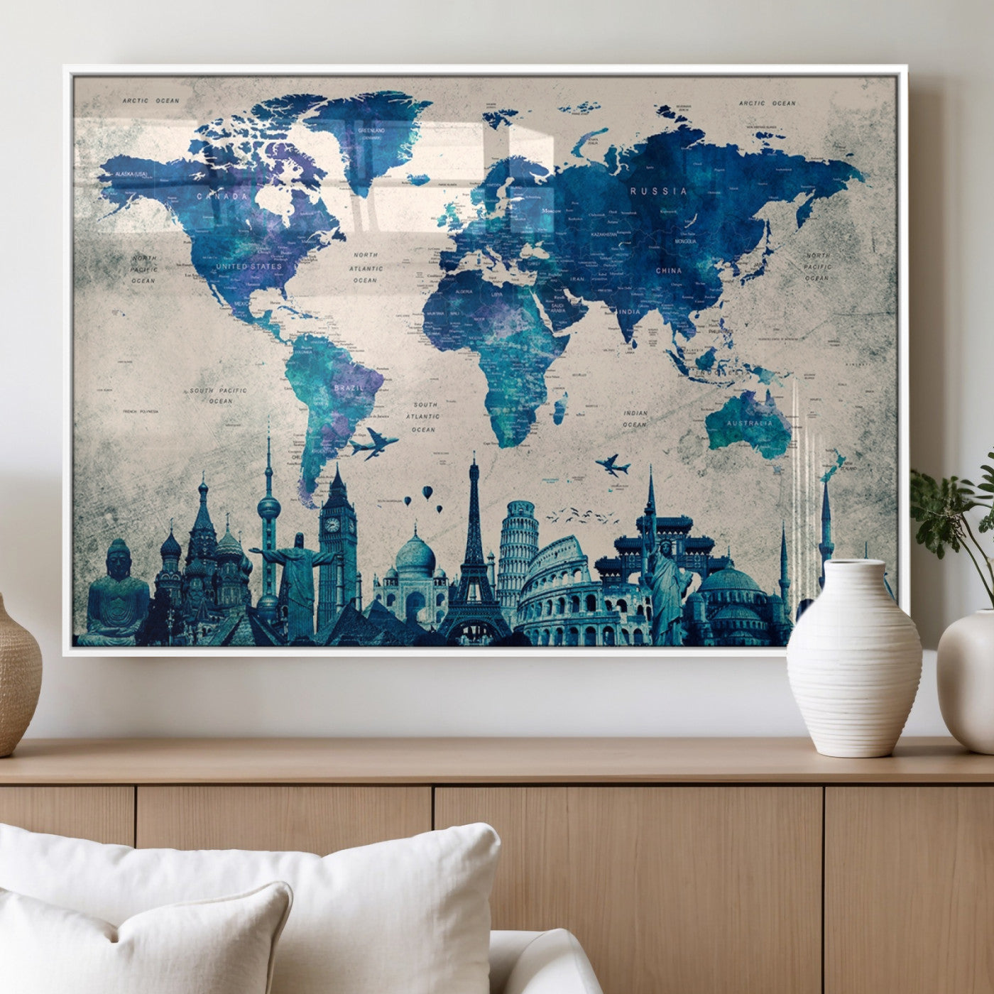 MGV-FP-60X30-3P - Navy Blue World Map Canvas Print, Wonder of World Map Push Pin Canvas Print