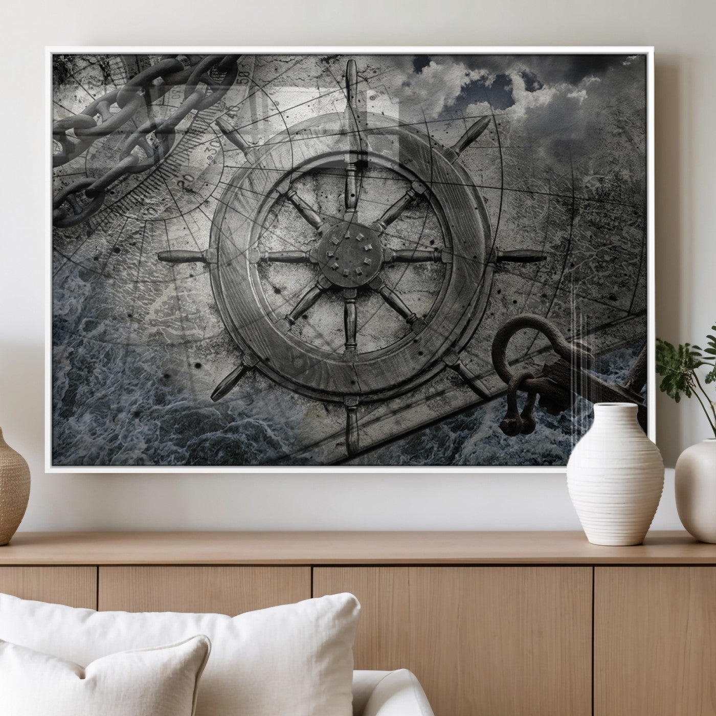 MGV-FP-60X30-3P - Ship Steering Wheel Vintage Wall Art Canvas Print