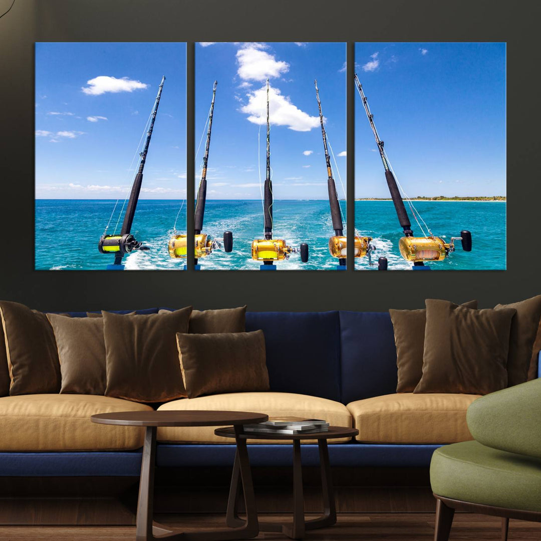 Fishing Roads on Boat Canvas Wall Art Print Ocean Seascape Art Print