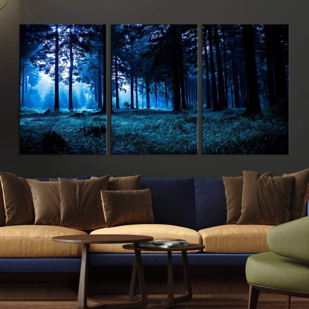 Arte de pared de bosque oscuro místico, lienzo de bosque grande, lienzo de paisaje, arte de pared de múltiples paneles, conjunto de lienzo grande de 3 piezas enmarcado