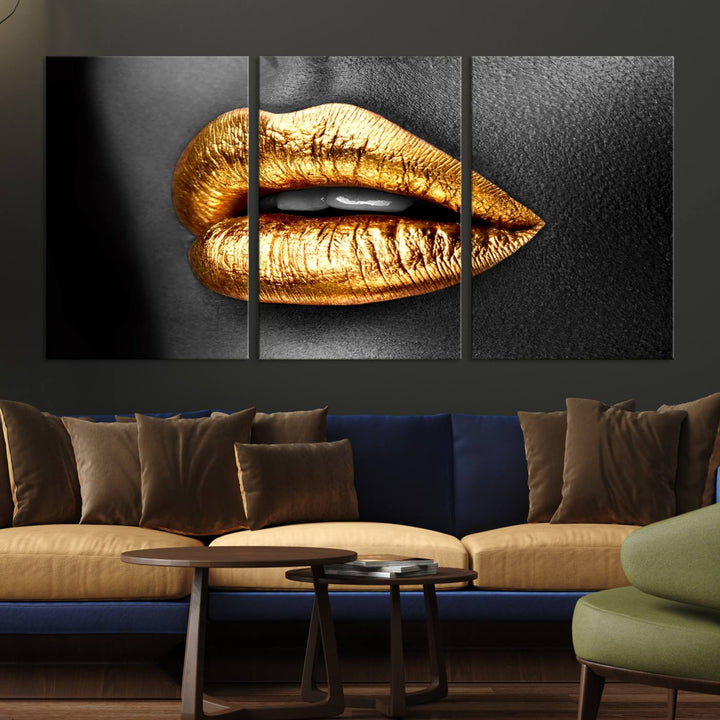 Gold Lips Canvas Wall Art Print Makeup Wall Art Fashion Beauty Canvas Print