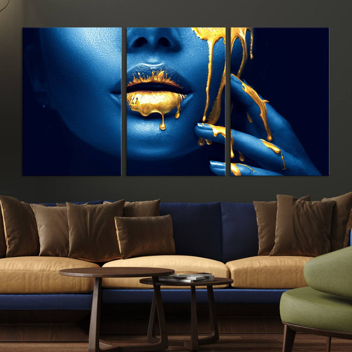 Neón Azul Oro Labios Sensual Fotografía Lienzo Pared Arte Impresión Moda Arte Belleza