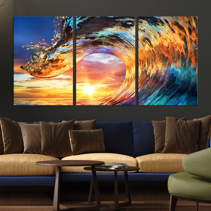 Wave Canvas Wall Art – Multi-Panel Sunset Ocean Scene – Bold and Vibrant Decor for Living Room or Office – Ready to Hang