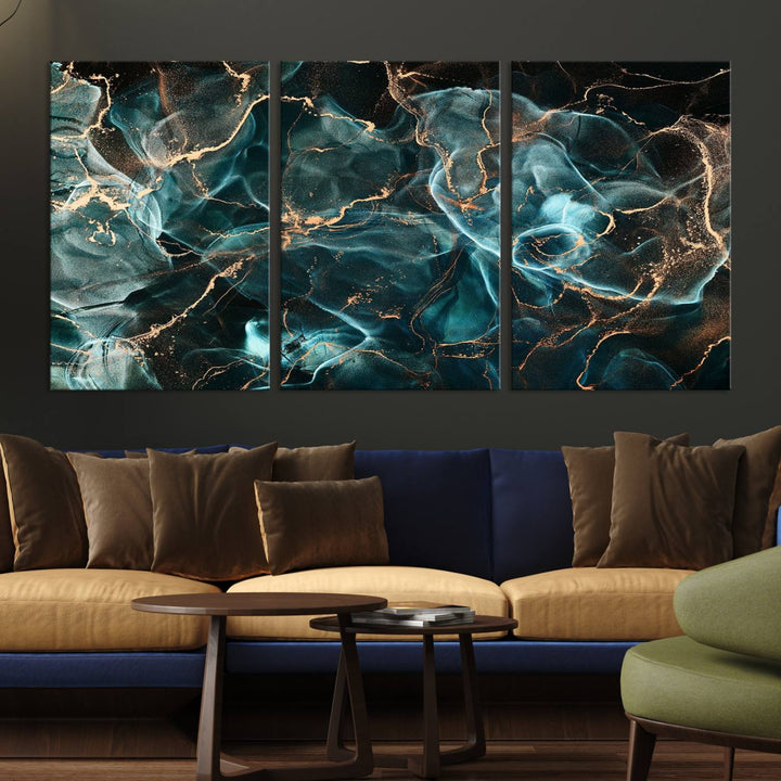 Neon Blue Marble Smokey Effect Wall Art Abstract Canvas Wall Art Print