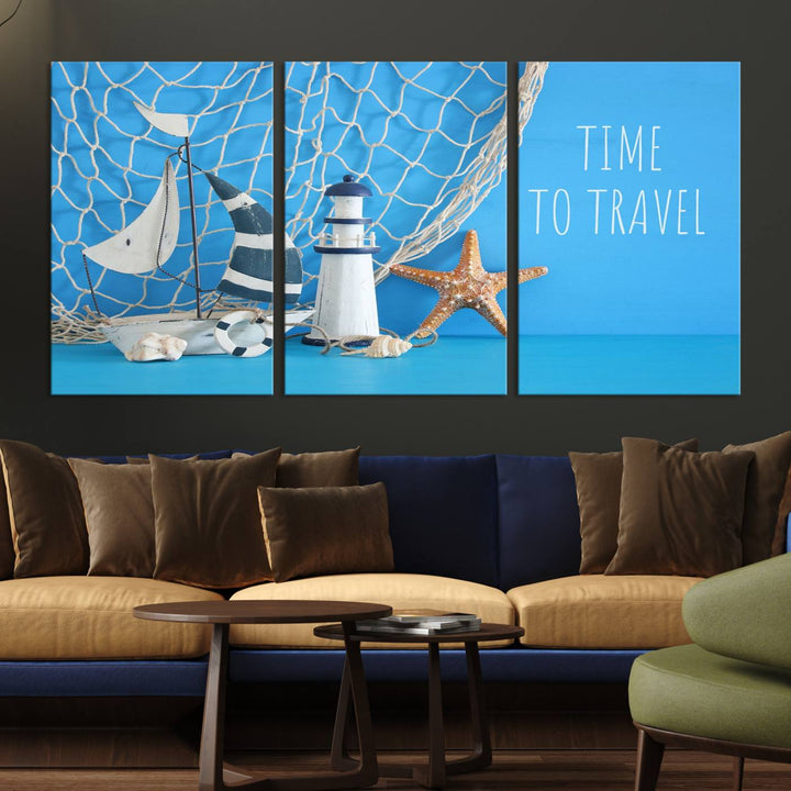 Sailing Boat Starfish and Lighthouse Wall Art Canvas Print